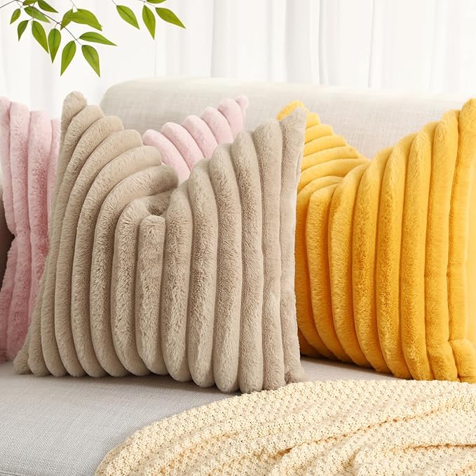 decorUhome Summer Cozy Faux Fur Throw Pillow Covers 18x18 Set of 2 Decorative Soft Plush Striped Modern Farmhouse Boho Couch Pillow Cases with Velvet Back for Sofa Bed Living Room, Mustard Yellow