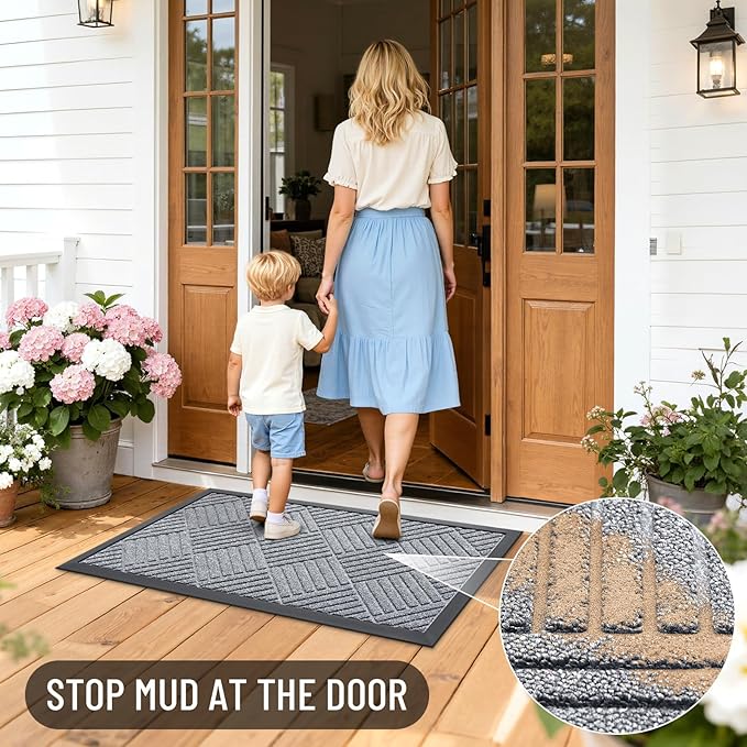 OLANLY Front Door Mat Outside Entrance 33x21, Absorbent, Heavy Duty Sturdy Natural Rubber Doormat Indoor Outdoor, Stain Fade Resistant, Non-Slip Low Profile Floor Mat Entryway, Charcoal Gray Diamond