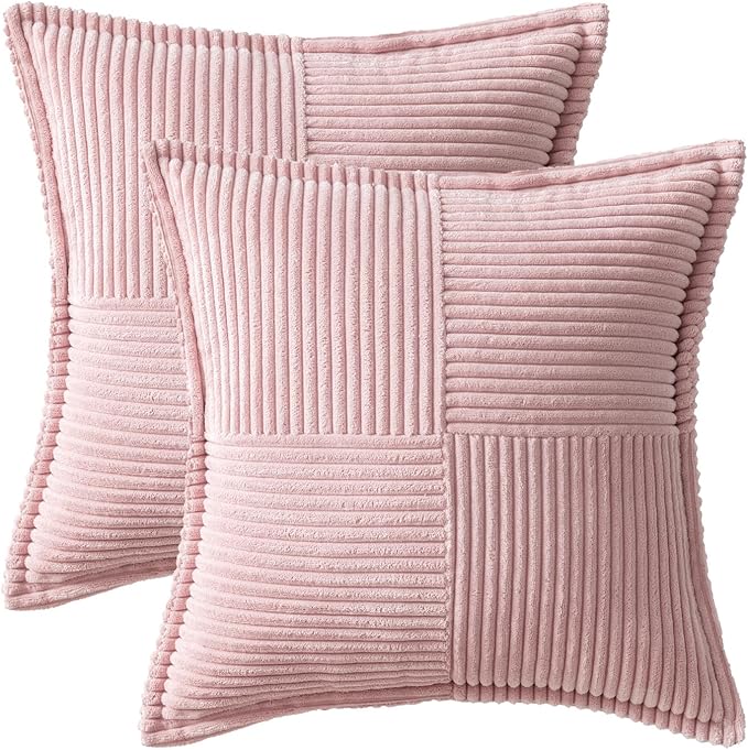 MIULEE Spring Decorative Throw Pillow Covers for Couch Bed Livingroom 20x20 Inch Set of 2 Pink Boho Accent Throw Pllows Broadside Striped Patchwork Soft Corduroy Pillowcases Valentine Decor