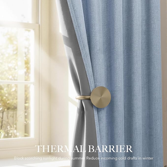 RYB HOME Linen Texture Curtains for Bedroom, 100% Blackout Thermal Insulated Curtains, Rod Pocket&Back Tab Room Darkening Drapes Luxury Decor for LivingRoom/Nursery, W52xL84, 2 Panels, Smoky Blue