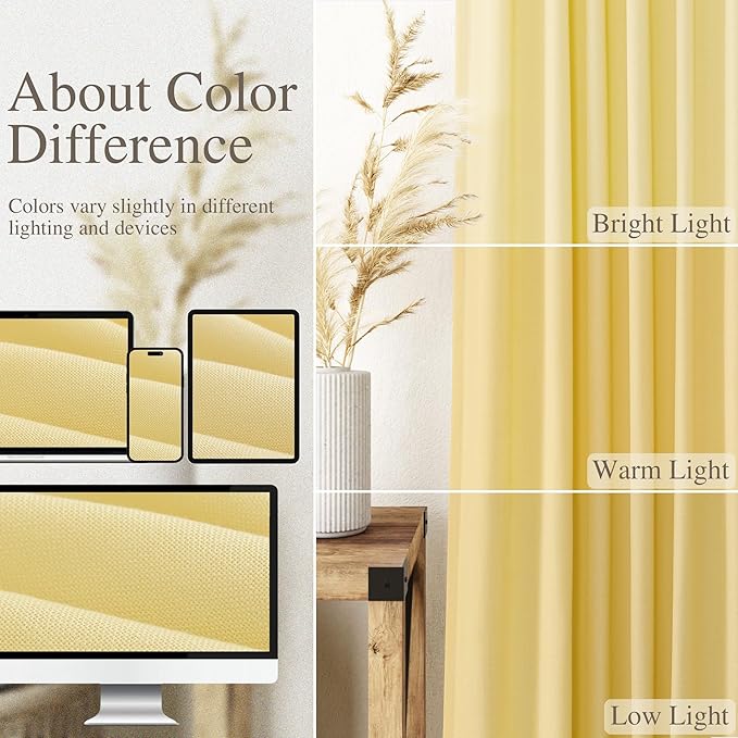 Yellow Linen Semi Sheer Curtains 120 Inches Long 2 Panels Set Back Tab Loop Pocket Linen Blend Boho Decor Large Window Curtain Extra Long Light Filtering Drapes High Ceiling for Living Room 52x120