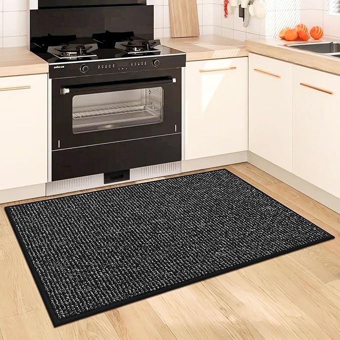 BEQHAUSE Kitchen Rugs and Mats 2PCS, Non-Slip Kitchen Mats for Floor, Absorbent and Stain Resistant Kitchen Runner, Machine Washable Rugs for Kitchen, Laundry & Sink, 20"x32"+20"x48", Black