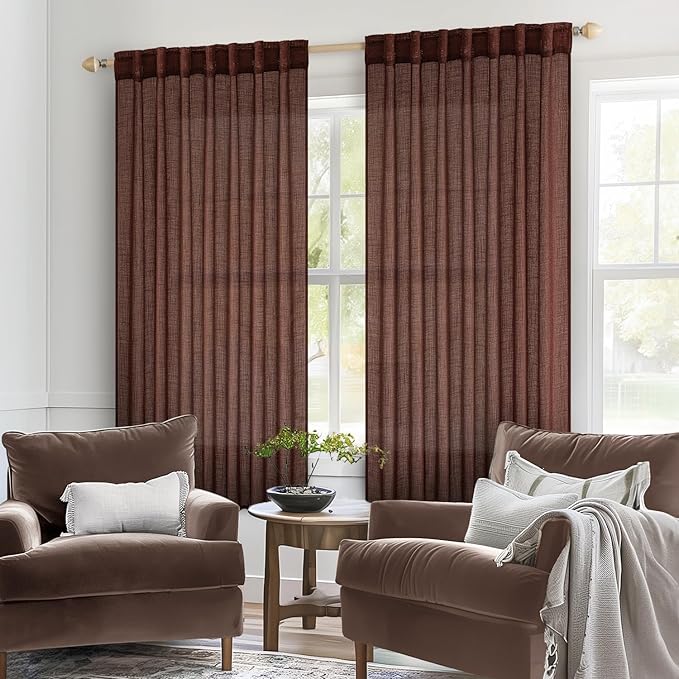 MIULEE Chocolate Brown Linen Curtains 63 Inch Length 2 Panels for Bedroom Living Room, Soft Thick Linen Textured Natural Window Drapes Semi Sheer Light Filtering Back Tab Rod Pocket Burlap Look Decor
