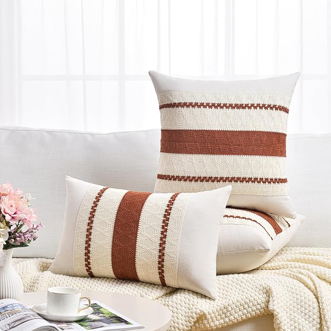 Fancy Homi Set of 1 Rust Boho Long Lumbar Decorative Throw Pillow Cover 12x20 Inch for Couch Bed Sofa, Aesthetic Modern Organic Fall Room Decor, Soft Cotton Cute Terracotta Farmhouse Cushion Case