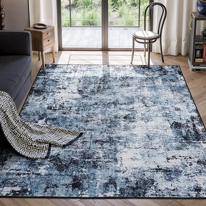 Rugflix 5x7 Area Rugs for Living Room, Washable Large Rug Stain-Resistant Low Pile, Modern Dark Carpet for Dining Room Home Office Kid Room Nursery Bedroom, Navy Blue/Black