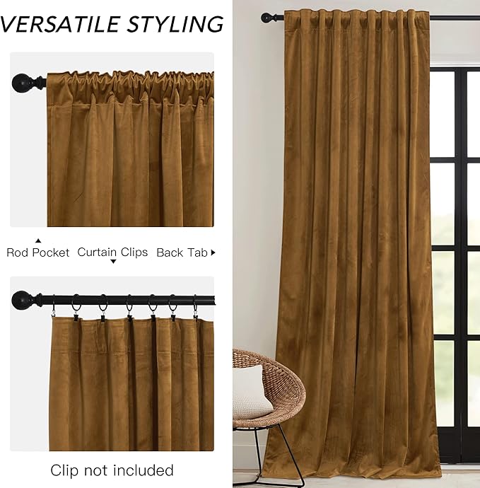 RYB HOME Gold Brown Velvet Curtains 84 inches with Hook Belt, Soft Fabric Room Darkening Thermal Insulated Luxurious Home Decor Curtains for Living Room Bedroom, W 42" x L 84", 2 Panels Set