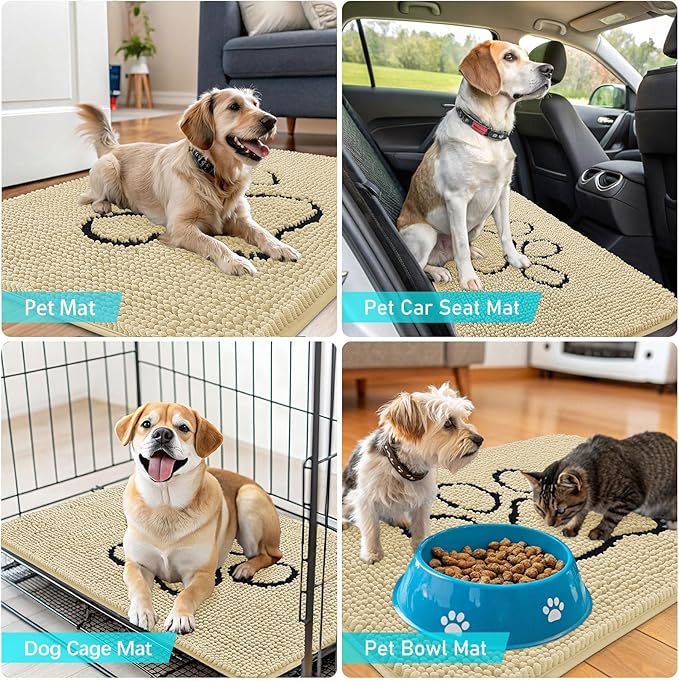 OLANLY Dog Door Mat for Muddy Paws 30x20, Paw Print Design, Absorbs Moisture and Dirt, Absorbent Non-Slip Washable Doormat, Quick Dry Chenille Mud Mat for Dogs, Entry Indoor Entryway Carpet, Sand