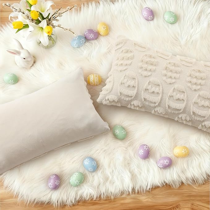 decorUhome Easter Beige Egg Pillow Covers 12x20 Inch Set of 2, Soft Plush Faux Wool Jacquard Cushion Covers, Farmhouse Neutral Fuzzy Spring Easter Holiday Decor for Couch Sofa Bed