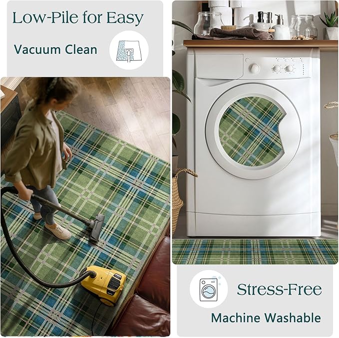 Front Door Mat Indoor Entrance - 2x4.3 Ft Buffalo Washable Layered Doormat Outdoor Entrance Porch Rug Non-Slip Green Teal Plaid Tartan Runner Rug for Kitchen Bedroom Laundry Room Porch Decor