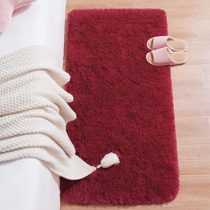 Chicrug Soft Runner Rug for Bedroom Living Room Plush Fluffy Rug 2x4 Feet, Shag Furry Runner Rug Carpet Non Shedding for Nursery Children Kids Girls Room Home Decorative, Wine Red