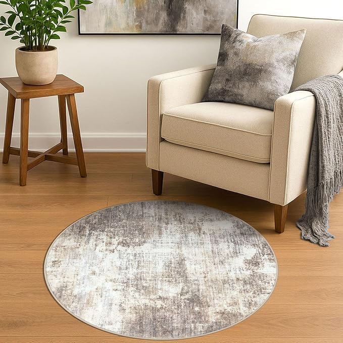 IOHOUZE Round Area Rug 3 Ft Circle Entryway Rugs Round Washable Door Mat Indoor Entrance, Non Slip Circle Front Door Rug, Printed Abstract Faux Wool Floor Carpet for Foyer Porch Sink, Beige Brown