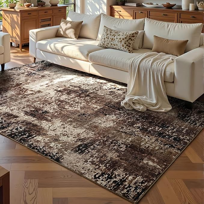 Ompaa Living Room Rug 5x7 Brown Area Rug Machine Washable Boho Coffee Rug Non Slip Abstract Vintage Indoor Large Rugs for Bedroom, Classroom, College Dorm, Farmhouse, Dining Room, Kids Playroom