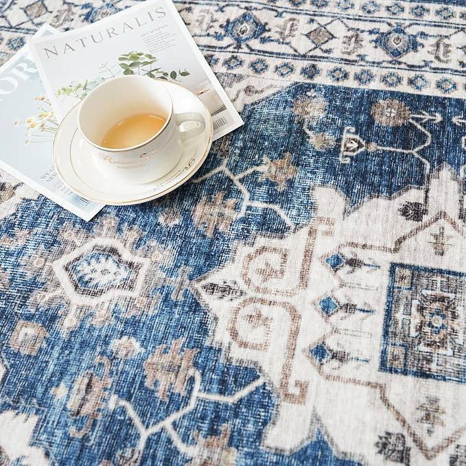 2x5 Washable Hallway Runner Rug: Indoor Farmhouse Entryway Kitchen Rugs Oriental Thin Non-Slip Water Resisitant Carpet for Bathroom Laudry Ultra Soft Floor Mat for Living Room Bedroom(2X5,Blue)