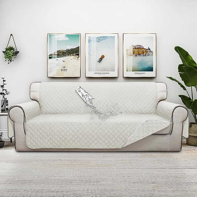ISSUNTEX Double Protection 100% Waterproof Sofa Covers for Living Room, Couch Covers for 3 Cushion Couch Sofa, Reversible Furniture Protector Sofa Cover for Dogs, Pets, Kids (Sofa, Ivory/Ivory)