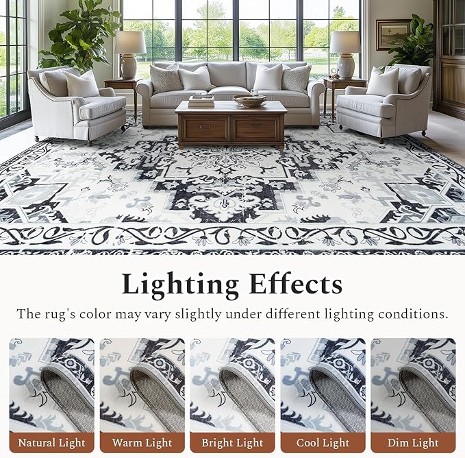 Rugflix 5x7 Area Rug for Living Room, Machine Washable Area Rugs with Non-Slip Backing, Large Soft Boho Vintage Rug for Bedroom, Dining Room, Low Pile Carpet, Kids Pet Friendly, Grey