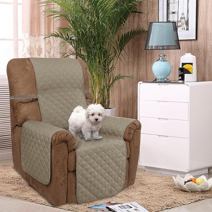 U-NICE HOME Recliner Chair Covers Reversible Quilted Water Repellent Pet Protectors with Elastic Straps (23''Recliner Small, Khaki/Light Grey)