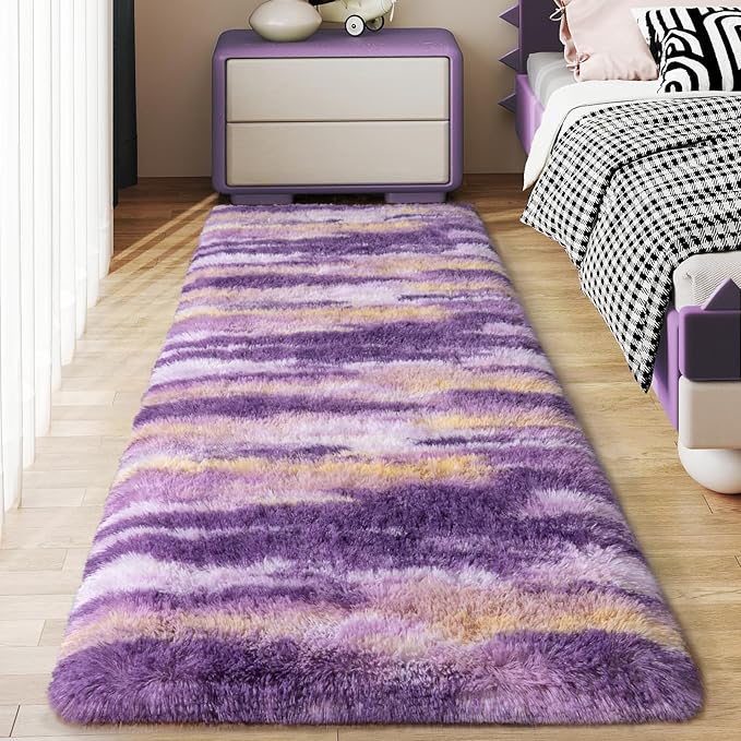 Soft Runner Rugs for Bedroom Hallways, 2x5 Abstract Purple Fluffy Shag Throw Area Rug Non Slip for Bedside Dorm, Long Shaggy Furry Carpet for Nursery Living Room