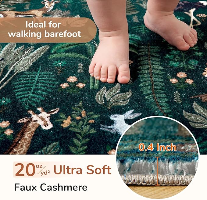 OPPODREAM Animal Soft Area Rugs 5x7, Washable Green Rug with Non Slip Backing, 5 x 7 Faux Cashmere Low-Pile 5x7 Carpet