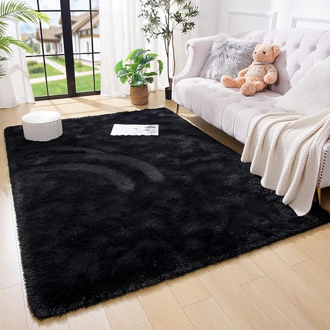 Amearea 8x10 Premium Soft Fluffy Rug Modern Shag Carpet, Fuzzy Shaggy Rugs for Bedroom Living Room Teen Apartment Decor, Comfortable Indoor Furry Dorm Carpets, Black