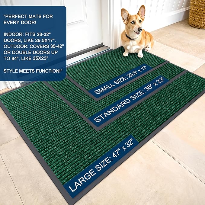 OLANLY Front Door Mat Indoor Outdoor Entrance, 2-Pack 29.5 x 17 Inch, Waterproof Heavy Duty Doormat, Fade Resistant, Low Profile, Easy Clean Patio Porch Welcome Floor Mats for Entry, Green