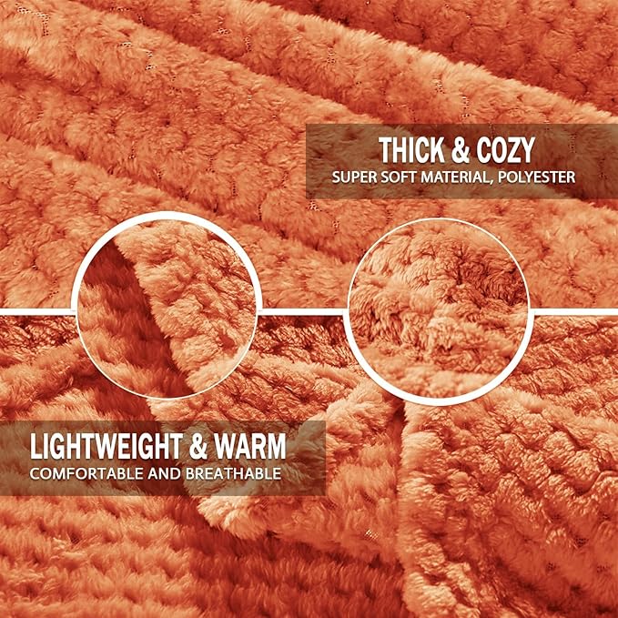 Exclusivo Mezcla Fleece Bed Blanket King Size, Super Soft and Warm Blankets for Couch, Sofa and Bed Waffle Textured, Cozy, Fuzzy and Lightweight (Burnt Orange, 90x104 Inches)