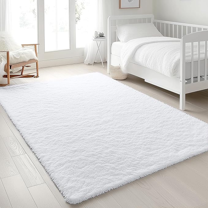 OLANLY 5x8 Machine Washable Large Area Rugs for Living Room, Bedroom, Soft Fluffy Shaggy Bedside Rug, Indoor Floor Carpet for Kids Girls and Boys, Dorms, Nursery, Home Decor Aesthetic, White
