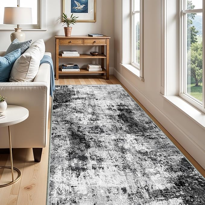 4x8 Wide Washable Runner Rug: Easy-to-Clean Runners for Hallway Entryway Kitchen Bedroom Living Room - Stain and Water Resistant Rugs with Non-Slip Backing - Soft Low-Pile Carpet Black Grey