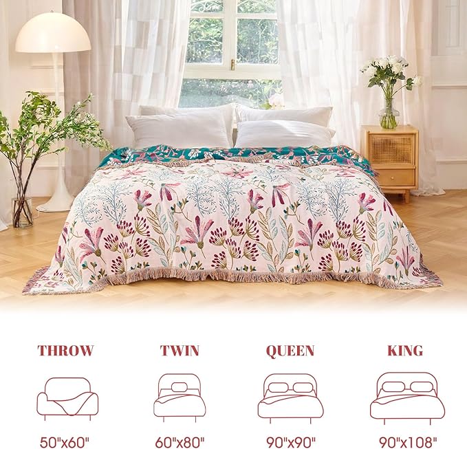 MSGKV Boho Throw Blanket for Bed 60"x80" Floral 100% Cotton Couch Blanket Spring Breathable Lightweight Farmhouse Flower Twin Size Blankets for Sofa Home Decor Muslin All Seasons