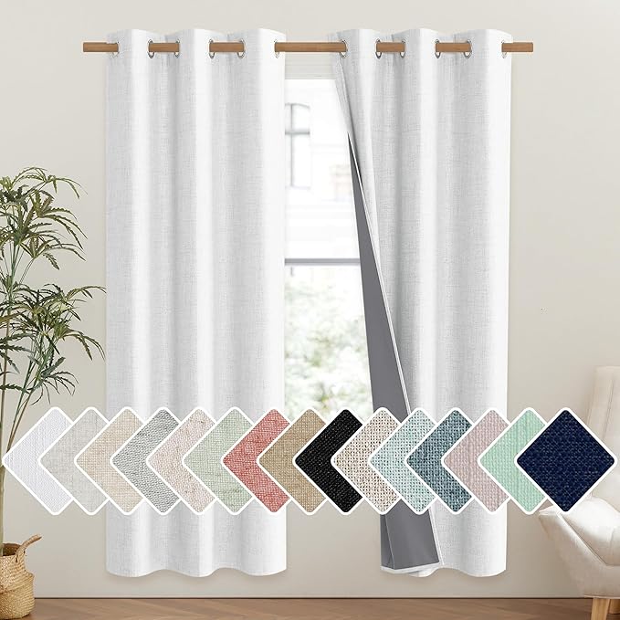 NICETOWN 100% Absolutely Blackout Linen Curtains with Thermal Insulated Liner, Greyish White, 42" Wide, 72" Length Energy Saving Curtains for Classroom 2 Panels Set, Vertical Blinds