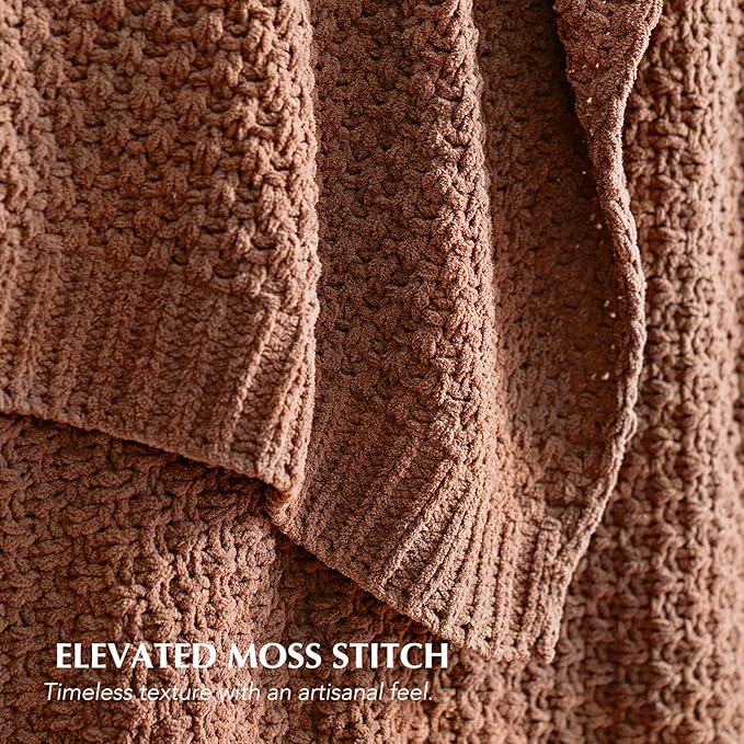 EVERGRACEHOME Chunky Chenille Knit Throw Blanket for Couch, Soft Luxurious Moss Stitch Blankets for Bed, Cozy Decorative Farmhouse Knitted Throws for Sofa, Terracotta Clay, 50" x 60"