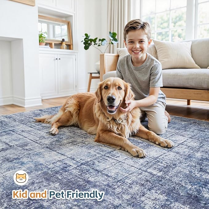 6x9 Area Rugs for Living Room Washable Rug: Anti-Skid Abstract Modern Living Room Rug Soft Thin Carpets Indoor Floor Non-Shedding Carpet for Bedroom Dining Farmhouse Nursery Navy Light Gray
