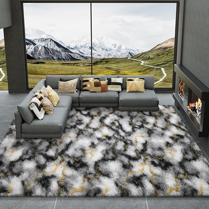 LOCHAS Ultra Soft Indoor Modern Area Rugs Fluffy Living Room Carpets for Children Bedroom Home Decor Nursery Rug 8 x10 Feet, Grey-Gold