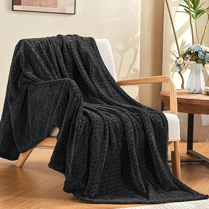 inhand Black Fleece Twin Blanket, Super Soft Flannel Cozy Blankets for Adults, Lightweight Leaves Pattern Fuzzy Blanket for Couch Sofa Bed Office, Warm Plush Blankets for All Season, 60x90 Inches
