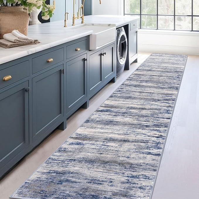 KOZYFLY Modern Abstract Washable Rug Runner 2.6x14 Hallway Rug Runner Non-Slip Soft Kitchen Runner Rugs, Grey-Blue Striped Carpet for Entryway Bathroom Laundry Room Foyer