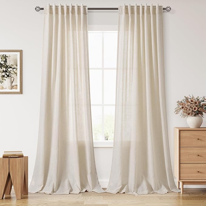 Cream Beige Linen Curtains for Living Room 94 Inches Long Light Filtering Semi Sheer Curtain Back Tab Modern Farmhouse Decor Elegant Luxury Coastal Drapes for Bedroom Dinner Room 52x94, 2 Panels