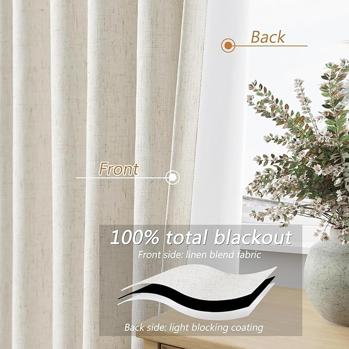 Guken Cream 100% Blackout Linen Curtains 38 Inch Wide by 90 Inch for Living Room Bedroom Back Tab Thermal Insulated Black Out Drapes Room Darkening Window Curtains