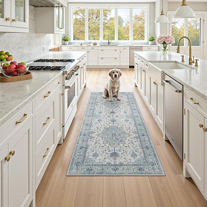 Area Rugs 2'x6' Runner Rug Non Slip Washable for Kitchen Hallway Bedroom Beside Laundry Room Bathroom Rug, Floor Carpet, Light Blue Navy Beige Gray White