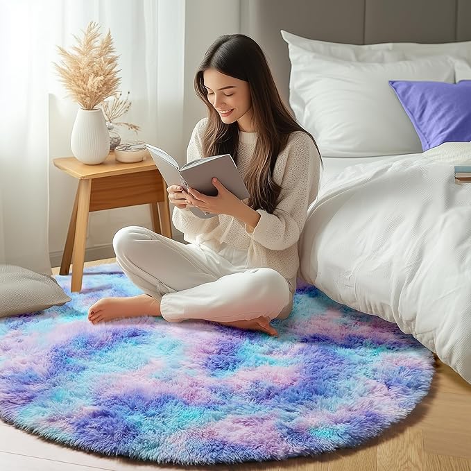 ONASAR Rainbow Round Area Rug 4ft, Soft Bedroom Circle Throw Rugs for Kids Girls Boys Teen Dorm Room, Fluffy Plush Shaggy Carpet Mats for Nursery Living Room Playroom Home Decor Princess Castle