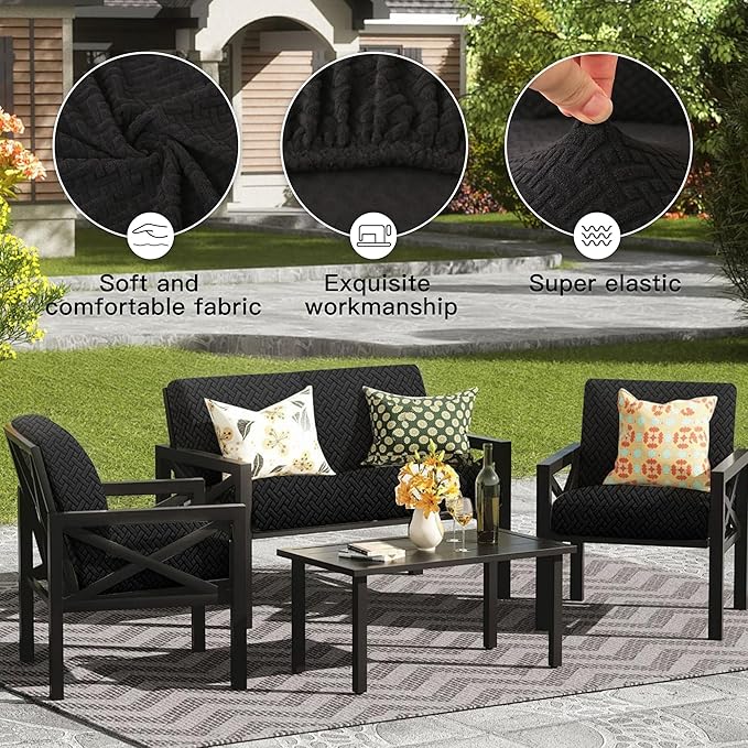 8Pcs Outdoor Cushion Covers, Patio Cushion Covers,Stretch Elastic Slipcovers, Replacement Washable & Reusable Furniture Protector for Patio Couch,Thick Jacquard Textured Twill Fabric(Black,Cover Only)