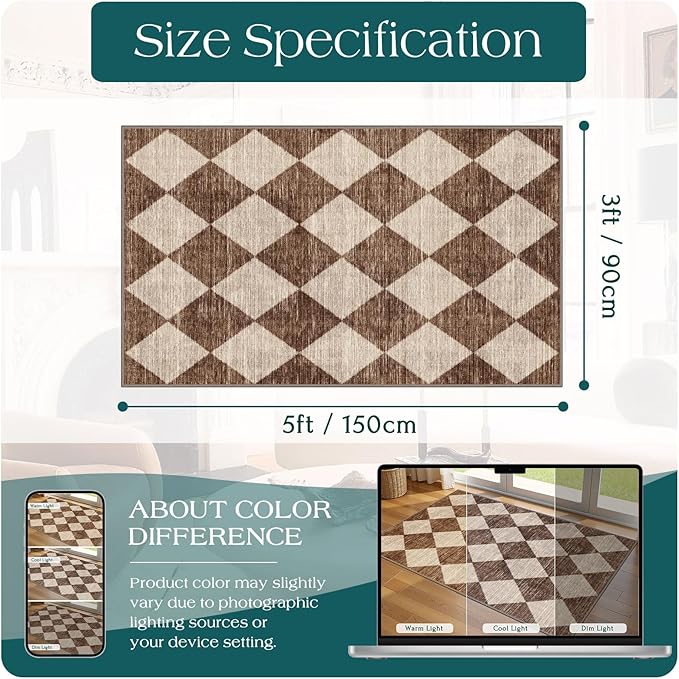 Brown Beige Checkered Entry Rug - 3x5 Non-Slip Washable Indoor Outdoor Front Door Mat Porch Rug Farmhouse Diamond Throw Carpet for Living Room Bedroom Entryway Kitchen Office Fall Porch Decor