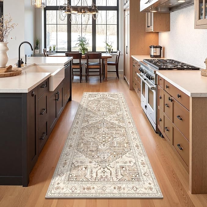 Yamaziot Washable Runner Rug, 3x8 Non-Slip Boho Vintage Hallway Rug with Rubber Backing, Low Pile Faux Wool Distressed Carpet Runner for Bedroom, Kitchen, Laundry, Entrance
