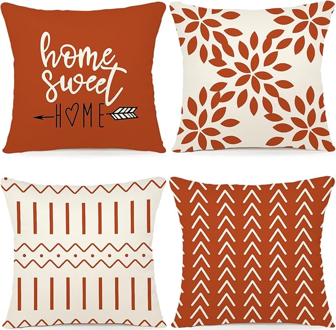 YCOLL Fall Pillow Covers 18x18 Set of 4, Modern Sofa Throw Pillow Cover for Fall Decor, Decorative Outdoor Linen Fabric Pillow Case for Couch Bed Car, Burnt Orange