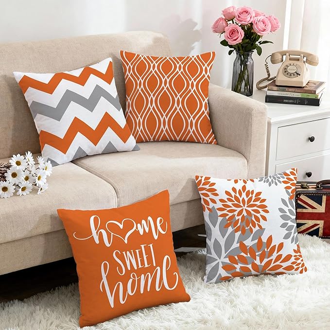 Hexagram Geometric Orange Pillow Covers 20x20 Set of 4, Decorative Outdoor Boho Modern Throw Pillow Covers, Home Sweet Home Farmhouse Cushion Case for Couch Sofa Bedroom Indoor Decor(No Insert)