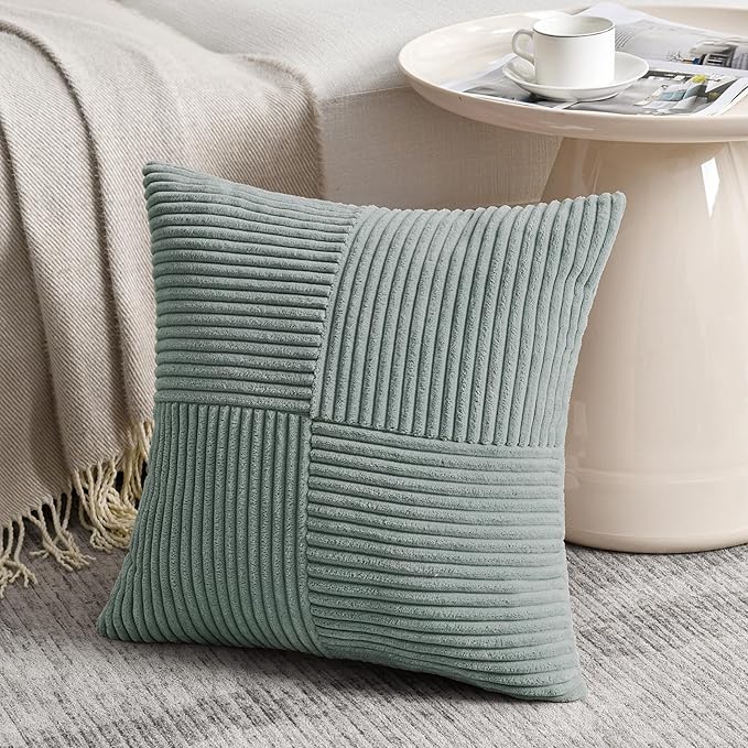 Fancy Homi 2 Packs Grey Blue Decorative Throw Pillow Covers 16x16 Inch for Couch Bed Sofa, Rustic Farmhouse Boho Home Decor, Soft Corss Patchwork Corduroy Textured Square Cushion Case 40x40 cm