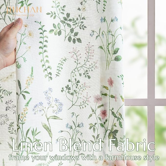 jinchan Floral Linen Blend Curtains for Living Room 63 Inch Length French Country Farmhouse Printed Curtains Sage Green on White Rod Pocket Back Tab Light Filtering Window Drapes 2 Panels