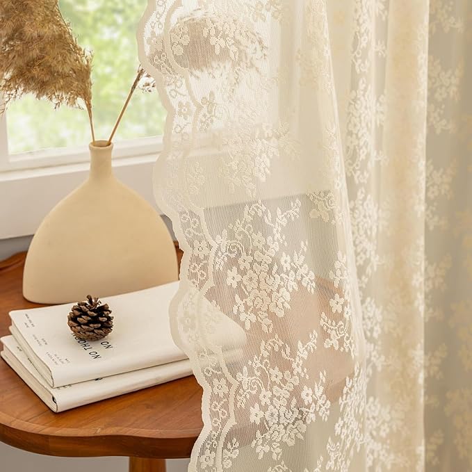 YJ YANJUN Vintage Lace Curtains 108 Inches Long-Victorian Floral Beige Sheer Curtains for Living Room Bedroom Light Filtering Drapes Farmhouse Boho 70s Home Decor 2 Panels W52 X L90 Light Beige
