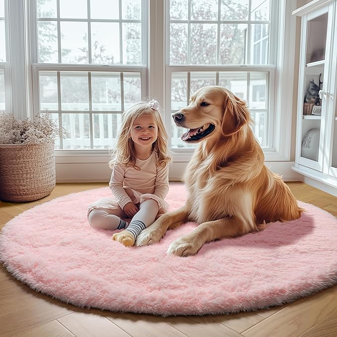 ONASAR Light Pink Round Area Rugs 2ft for Bedroom Living Room, Fluffy Cat Dog Bed Mat, Circle Rug for Kids Girls Boys Teen, Soft Plush Shaggy Carpet for Nursery Dorm Home Decor Aesthetic