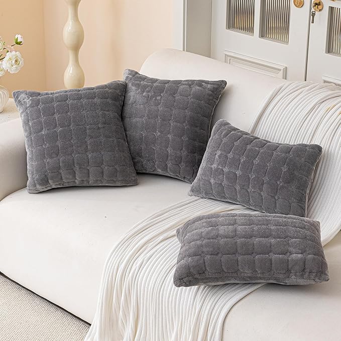 Velvet Throw Pillow Covers(Pack of Two, Dark Grey) 12×20 Inch Decorative Pillows Cover Neutral Soft Chenille Couch Pillows with Zipper Aesthetic for Living Room and Bedroom
