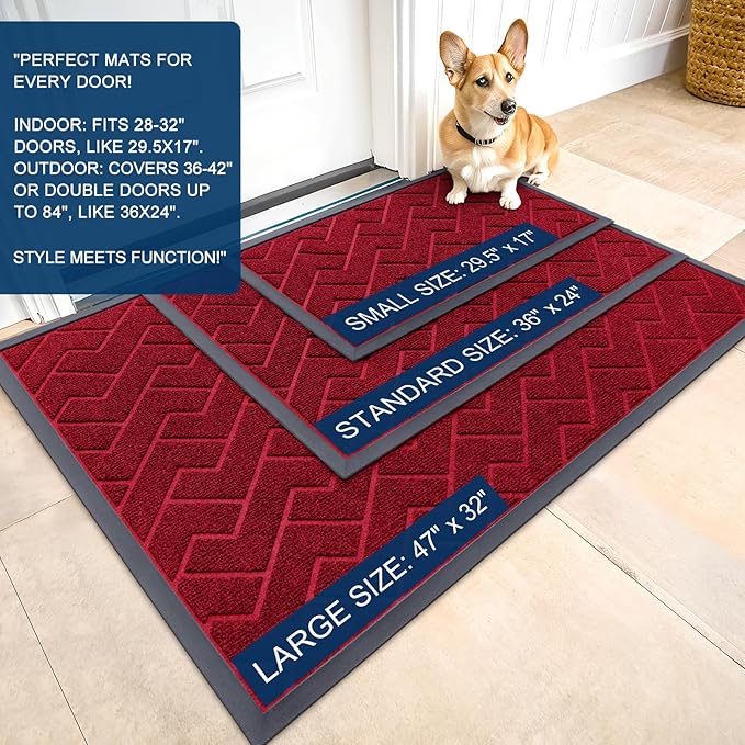OLANLY Front Door Mat Indoor Outdoor Entrance, Waterproof All-Season, All-Weather Doormat, Sturdy Natural Rubber, Low Profile, Easy Clean Patio Porch Entryway Mat, Herringbone Brick (Wine Red, 71x23)