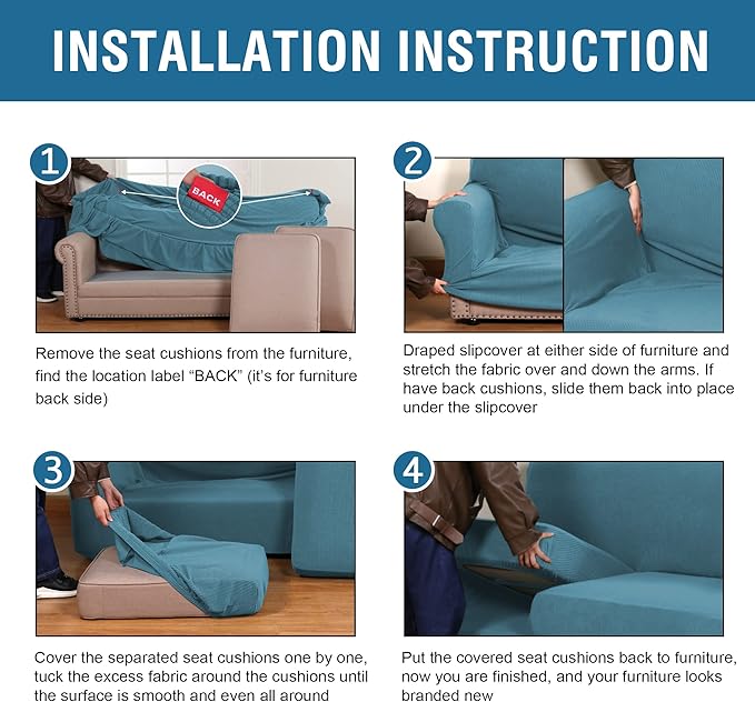 4 Piece Stretch Sofa Covers for 3 Cushion Couch Covers for Living Room Furniture Slipcovers (Base Cover Plus 3 Seat Cushion Covers) Upgraded Thicker Jacquard Fabric (XL Sofa, Storm Blue)